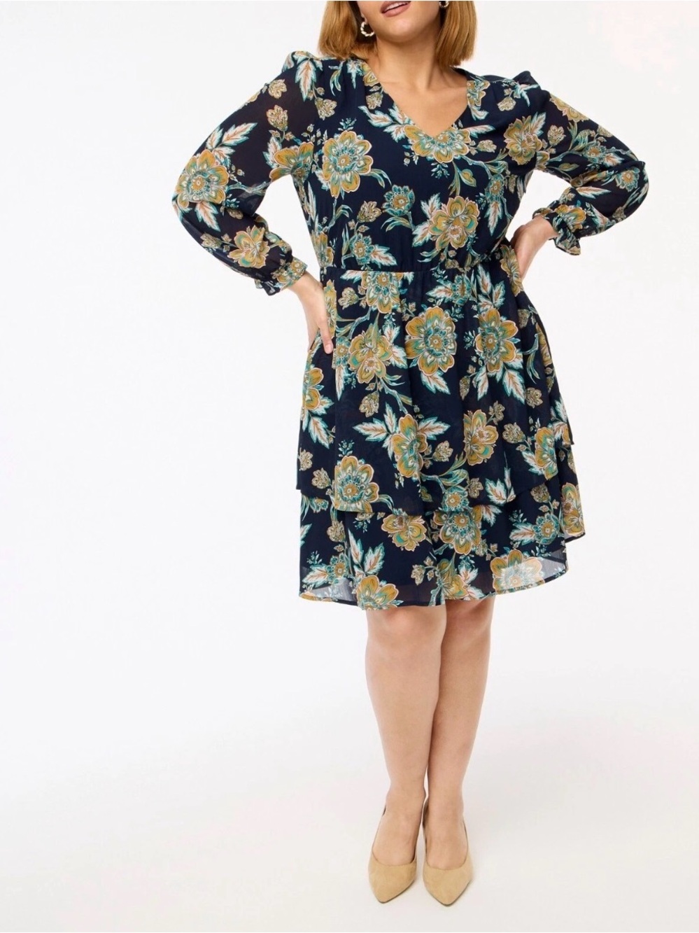 J Crew Floral V-Neck Navy Tiered Dress